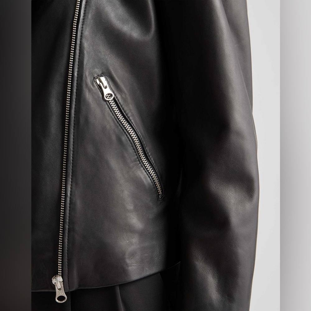 QUINCE 100% Washed Genuine Leather Biker Jacket XS Black Sheepskin - Picture 5 of 7
